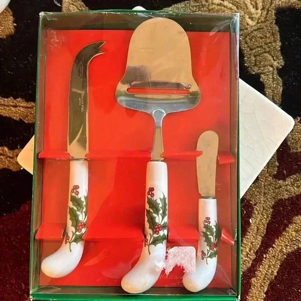 Vintage Holiday Holly Berry 3 Piece Cheese Set Stainless Steel Made In Japan